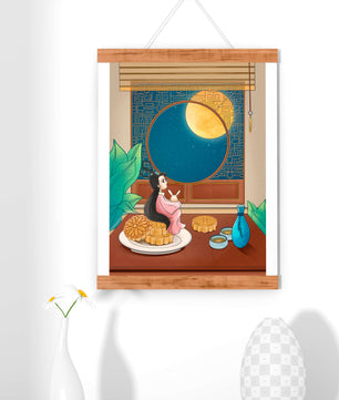 Tranquila escena nocturna con pasteles de luna y una figura mítica