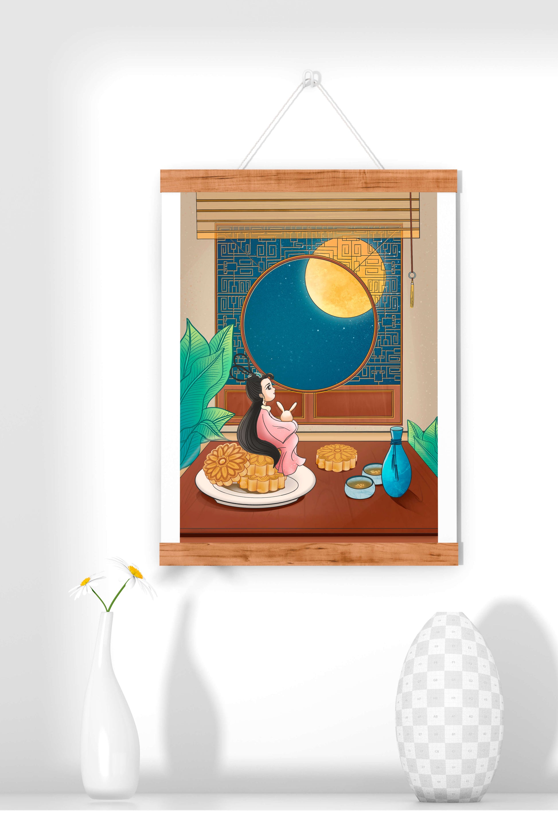 Tranquila escena nocturna con pasteles de luna y una figura mítica