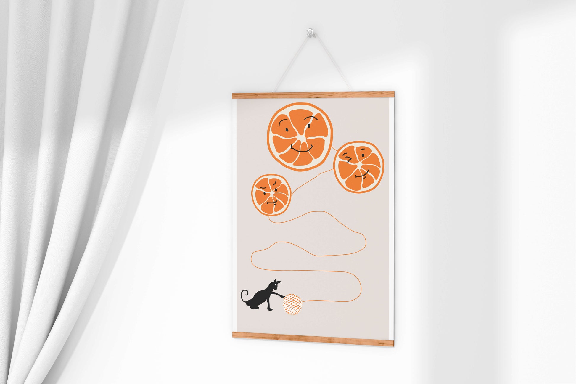 Playful illustration of oranges with cat and yarn