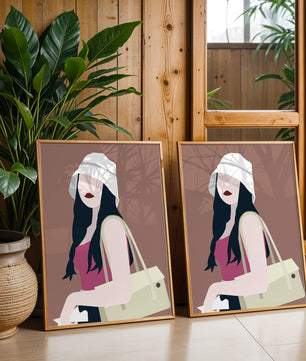 Ilustración elegante de una mujer con sombrero de cubo y ropa casual