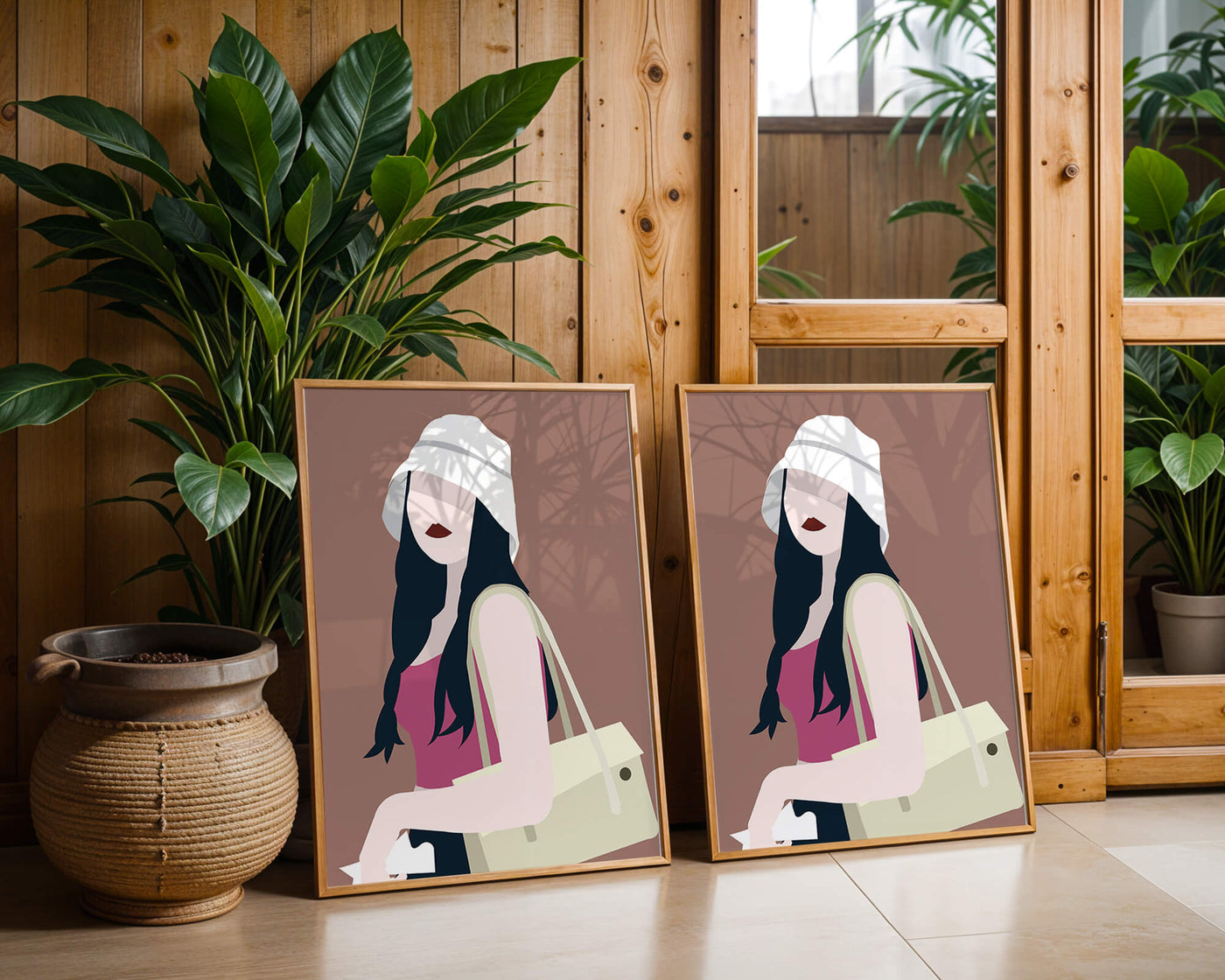 Stylish illustration of a woman in a bucket hat and casual outfit
