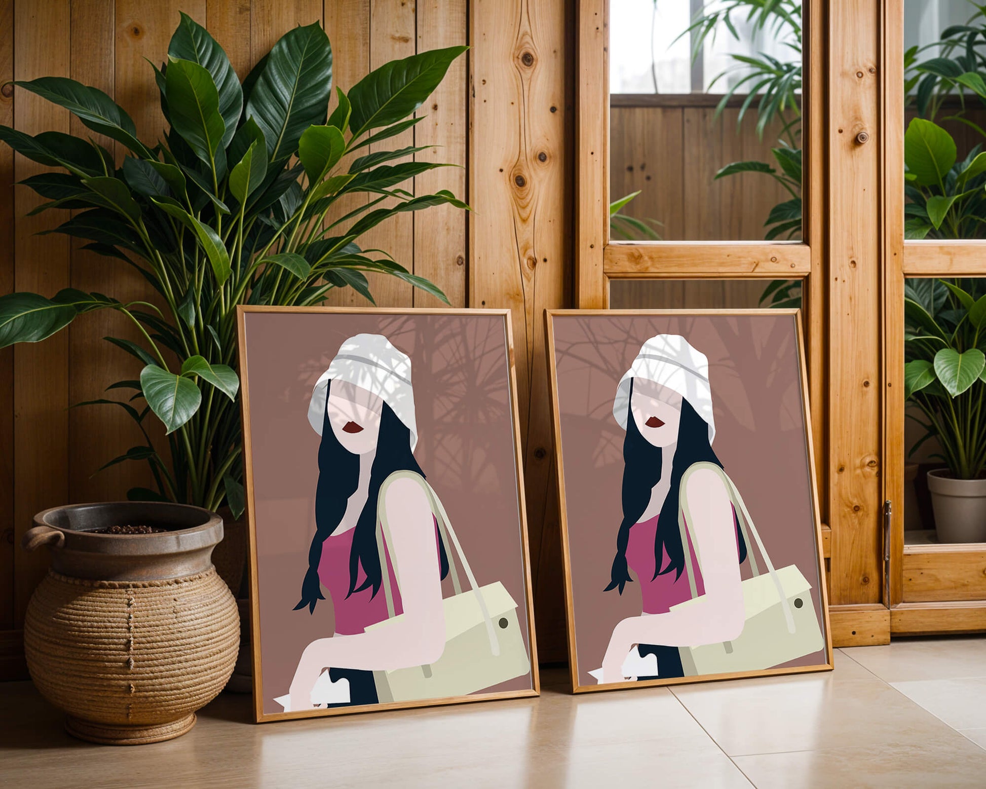 Stylish illustration of a woman in a bucket hat and casual outfit