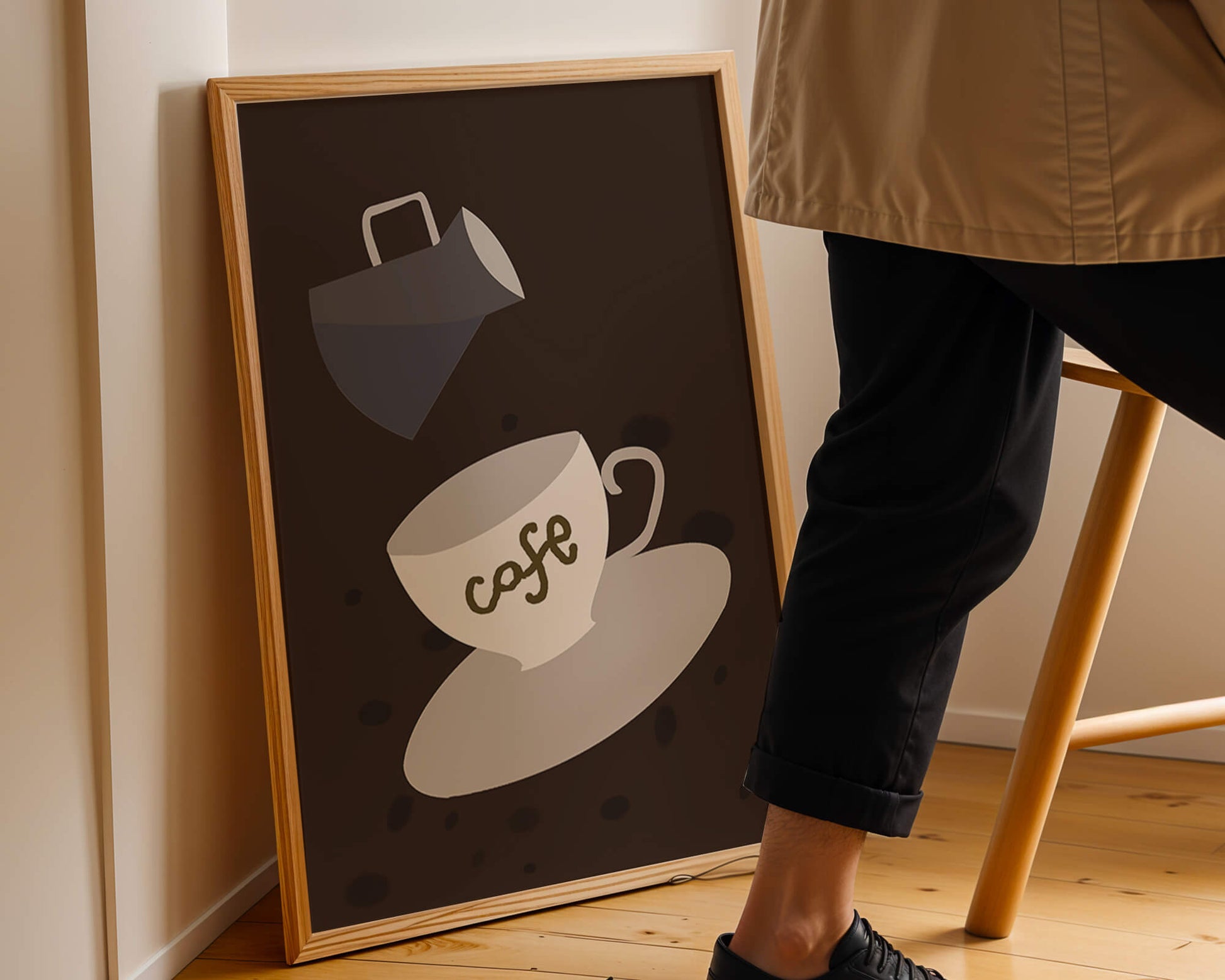 Minimalist coffee cup with pouring pot on dark background