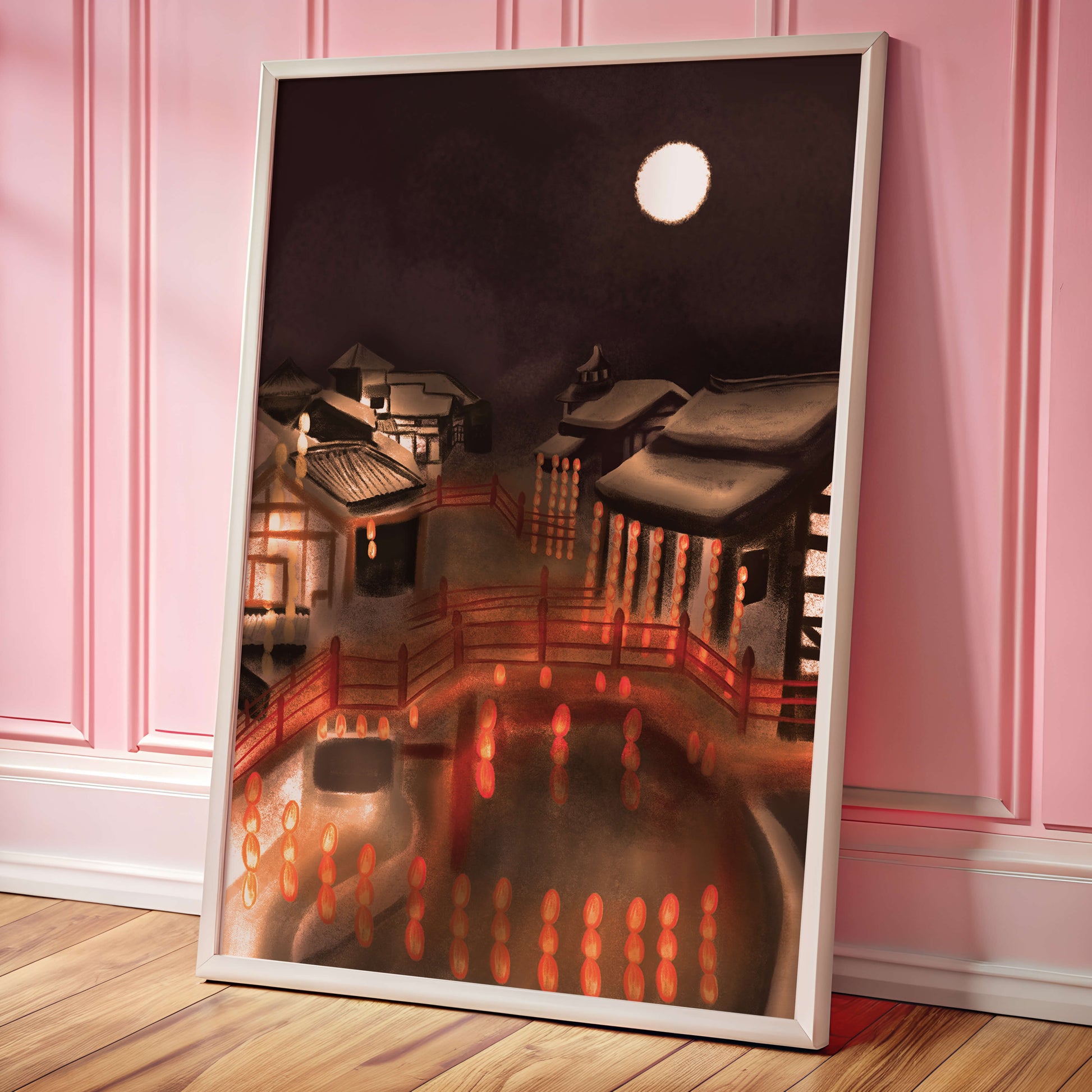 Traditional Japanese village at night with lanterns and full moon
