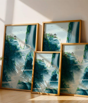 Serene mountain landscape with a pavilion and waterfall