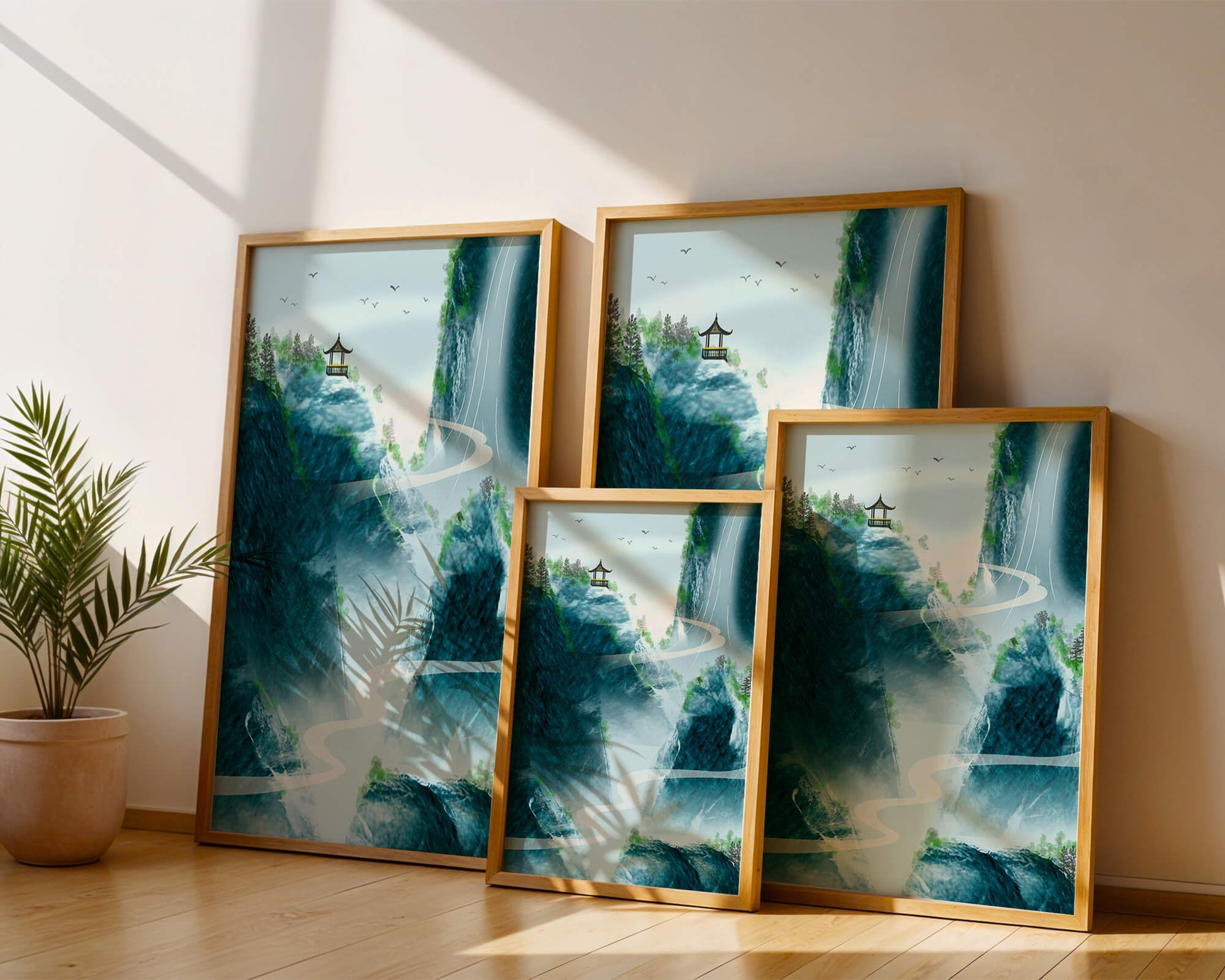 Serene mountain landscape with a pavilion and waterfall