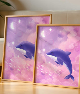 Dreamlike underwater scene with dolphin and moonlit sky