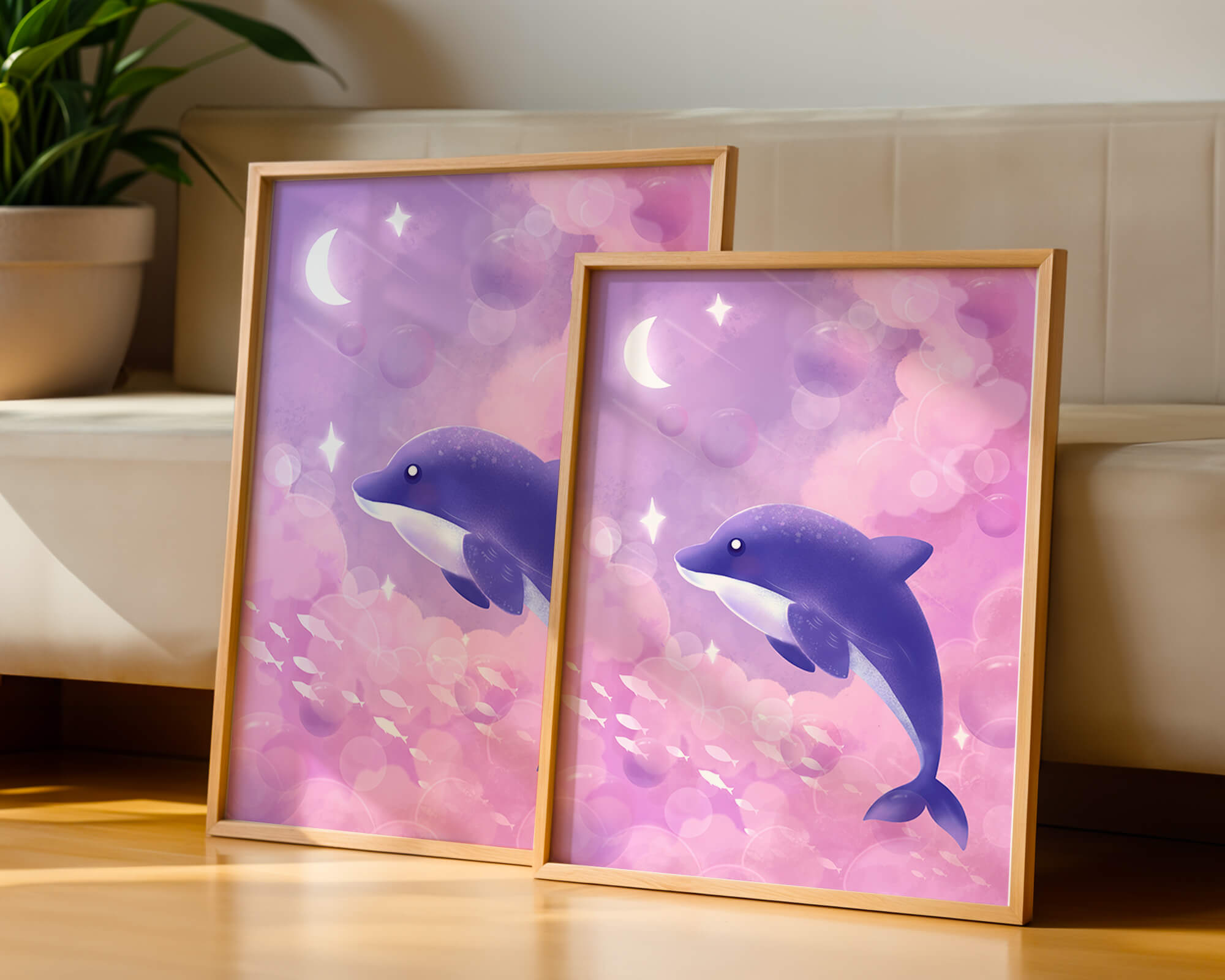 Dreamlike underwater scene with dolphin and moonlit sky