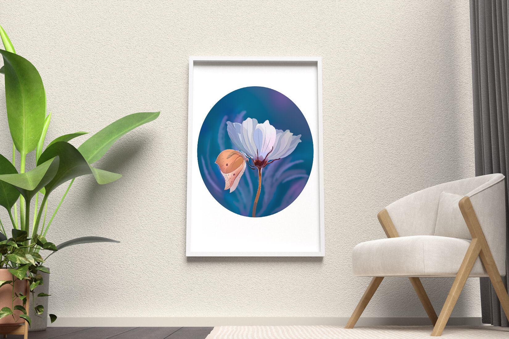 Delicate butterfly resting on a white flower in a serene blue background