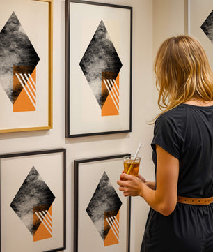 Abstract Geometric Composition with Orange Triangle and Cloudy Pattern - Mi tienda