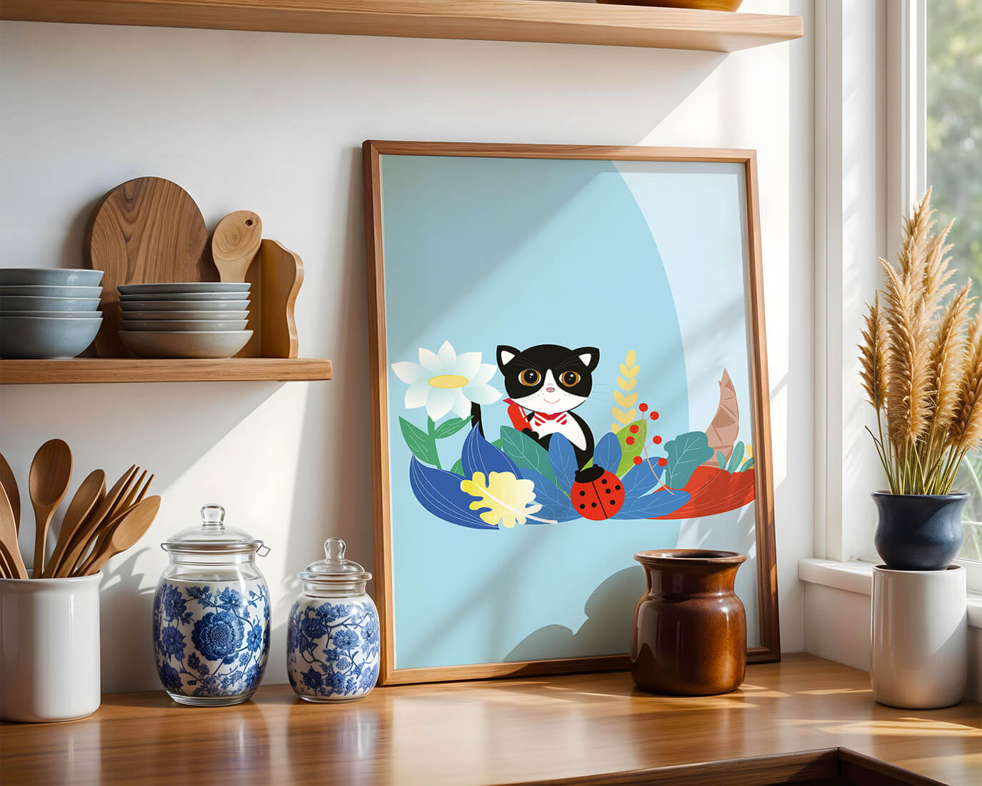 Ilustración de un gato con mariquita y flores sobre fondo azul claro
