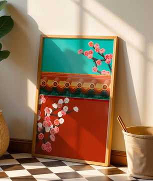 Arquitectura asiática tradicional con cerezos en flor