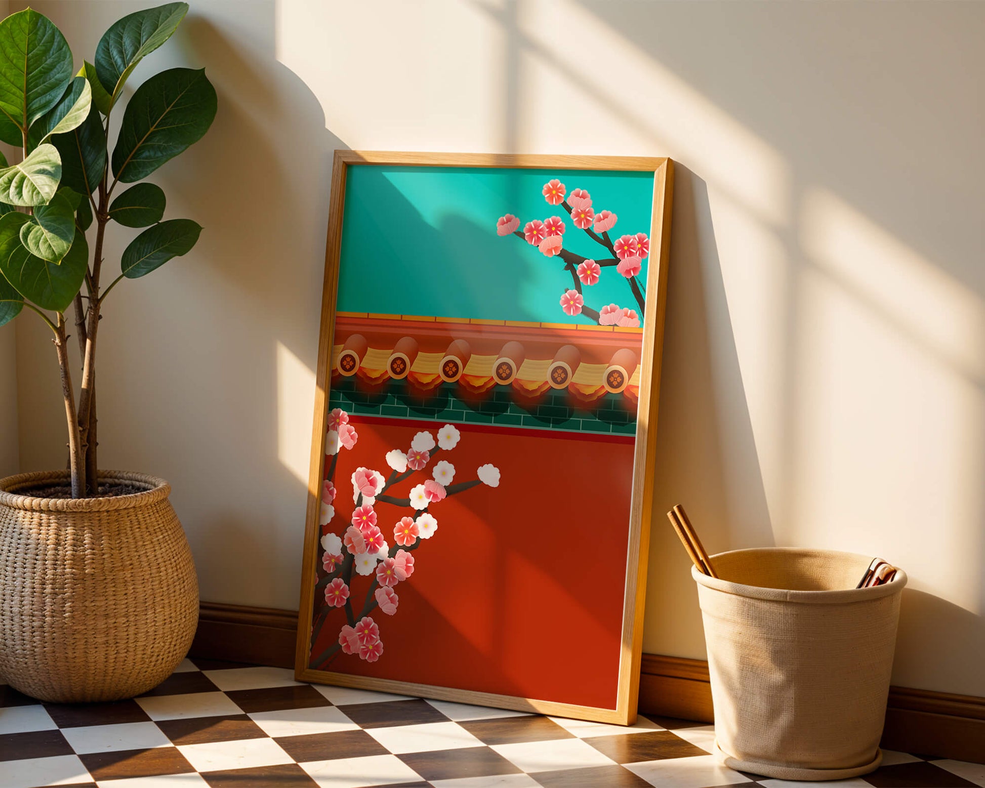 Traditional Asian architecture with cherry blossoms