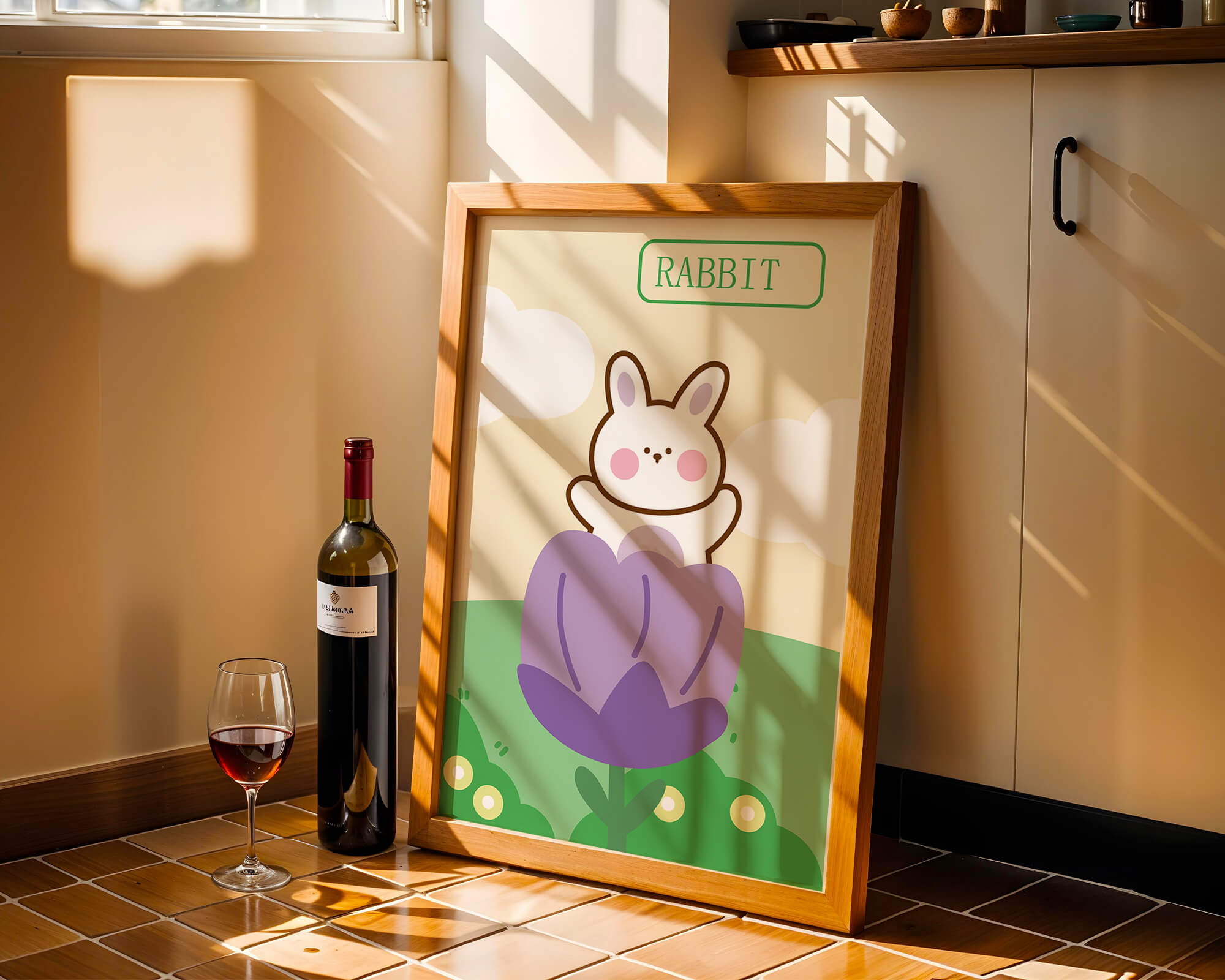 Whimsical illustration of a cute rabbit in a flower with pastel colors