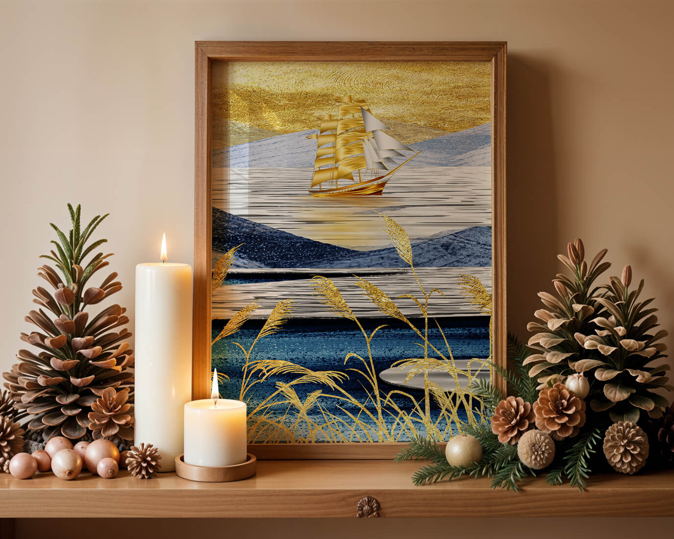 Golden Sailboat on Blue and Gold Landscape