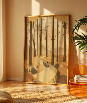 Serene autumn forest with river and boat in digital art scene