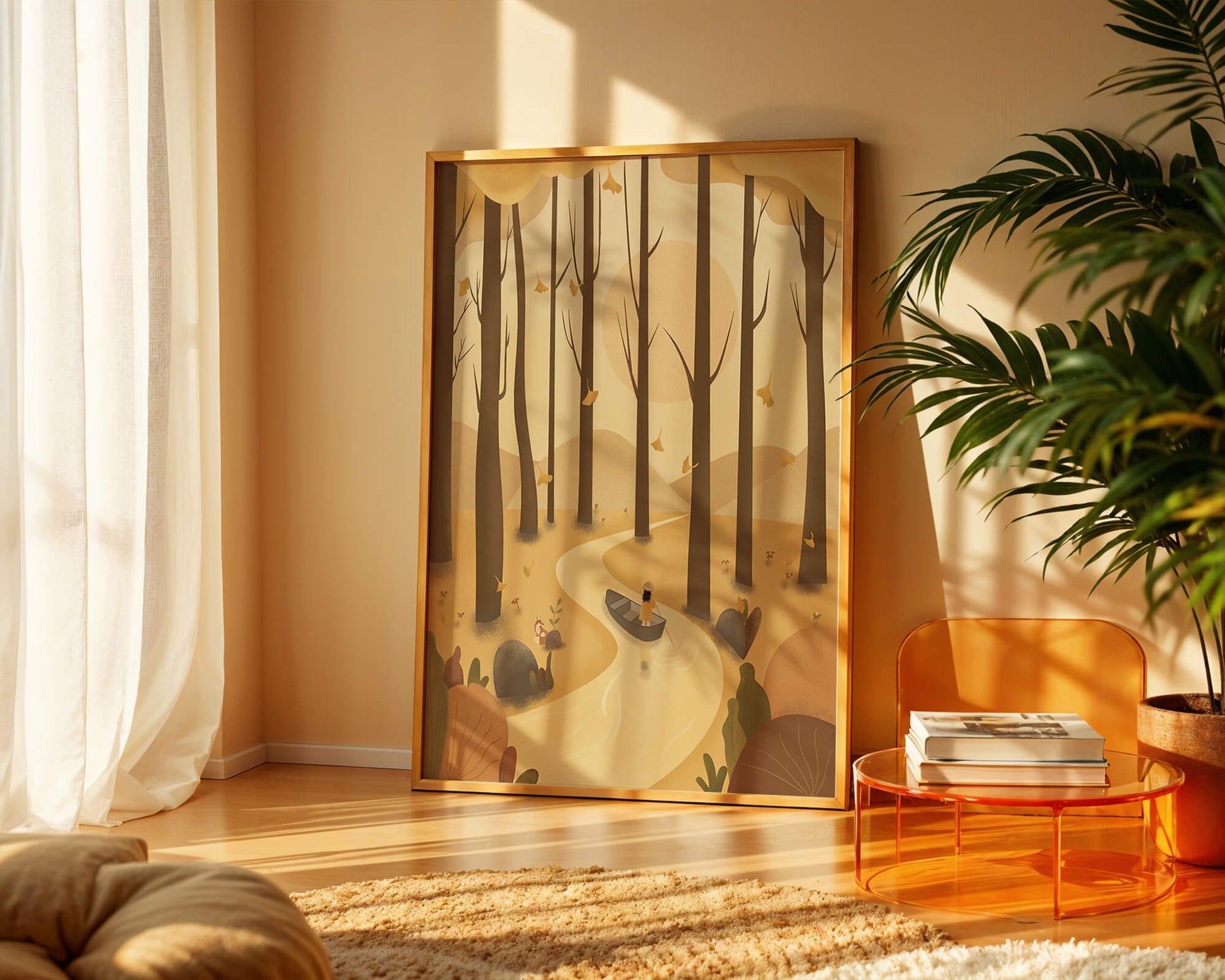 Serene autumn forest with river and boat in digital art scene