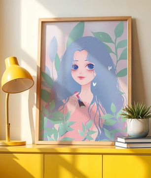 Illustration of a blue-haired girl surrounded by greenery