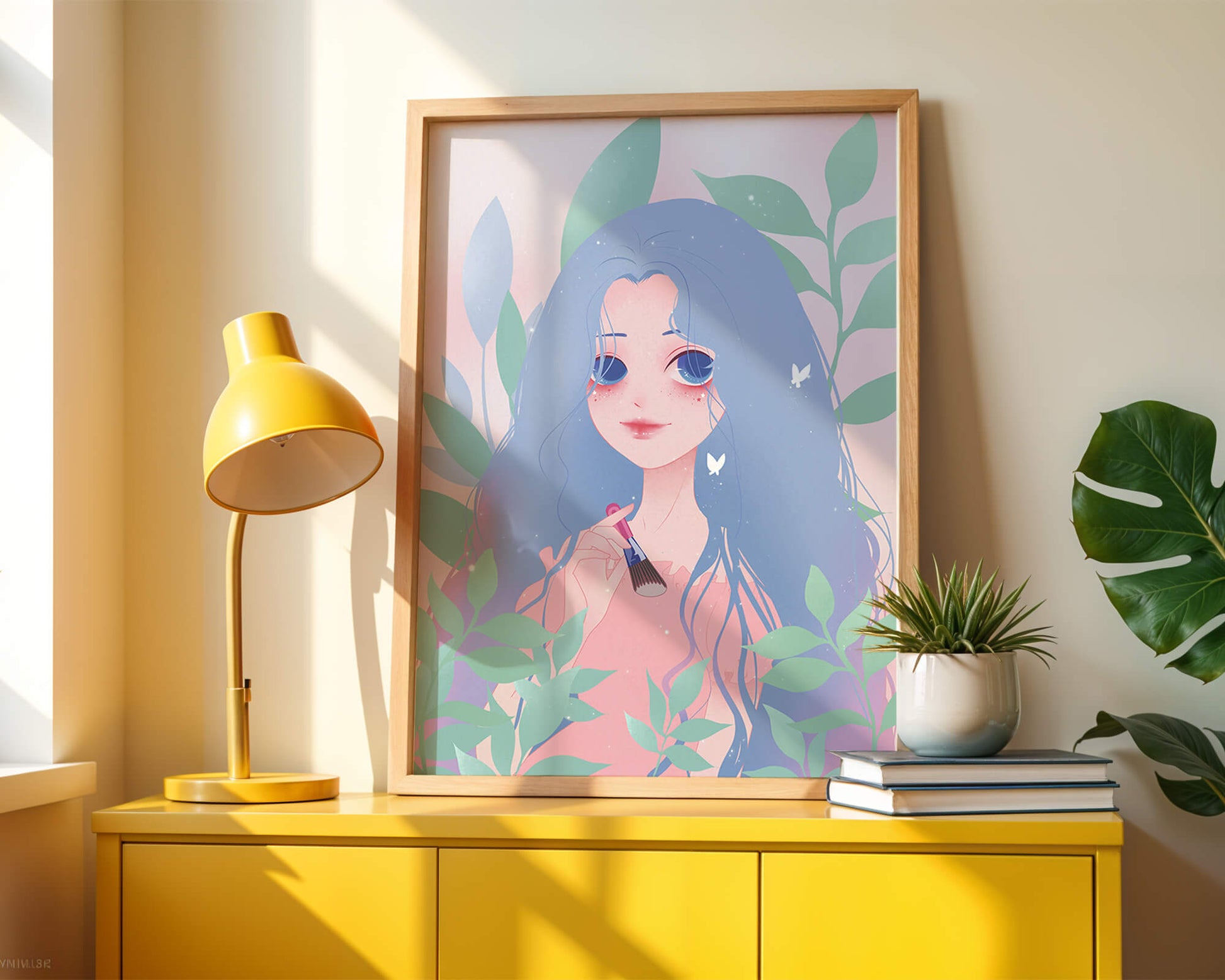 Illustration of a blue-haired girl surrounded by greenery