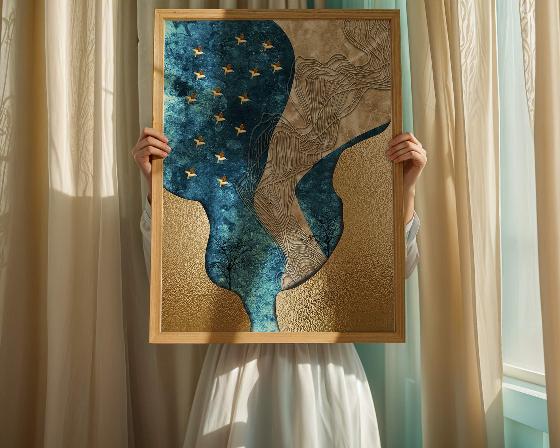 Abstract Textured Landscape with Gold and Blue Elements