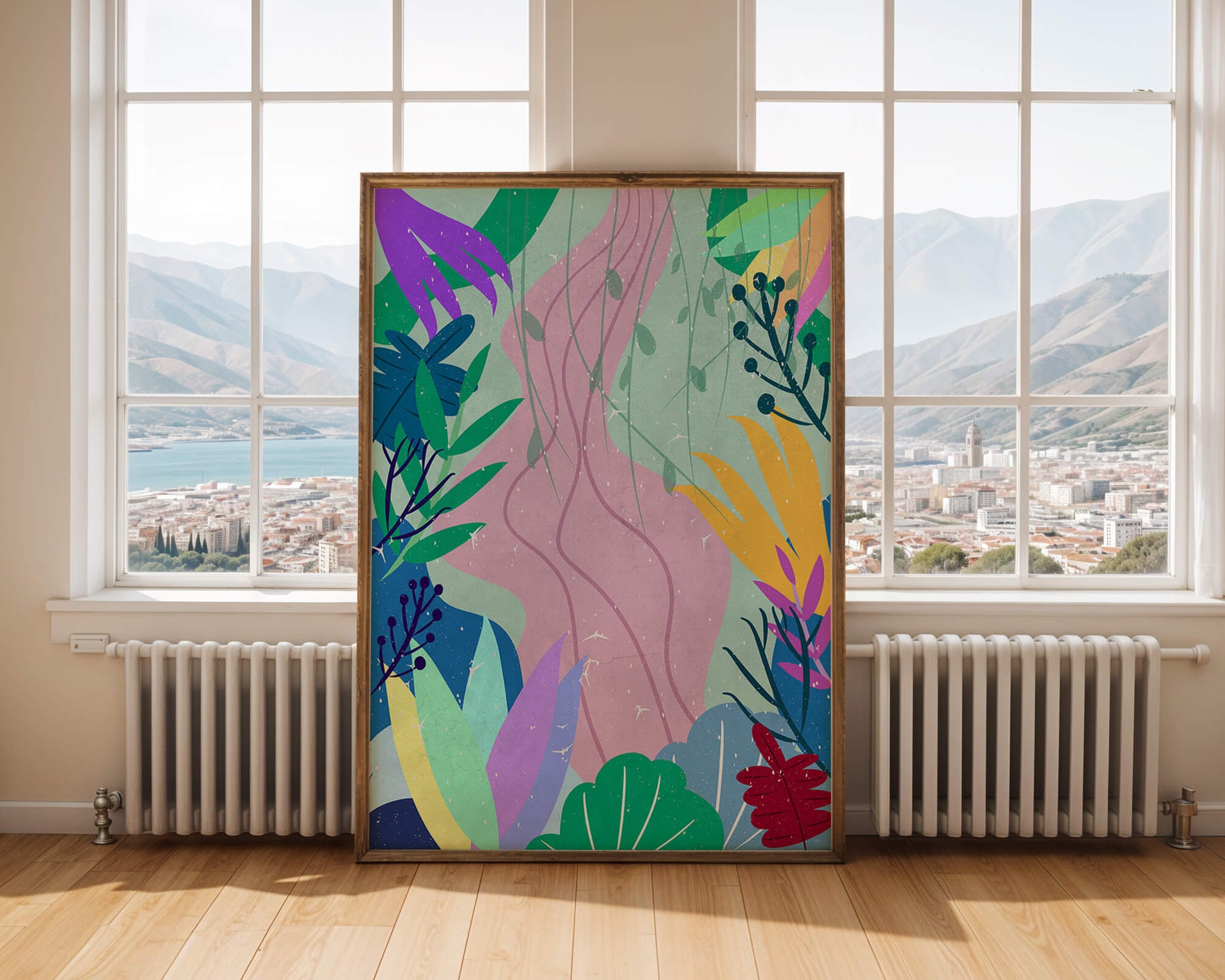 Abstract Botanic Composition with Vibrant Leaves and Shapes