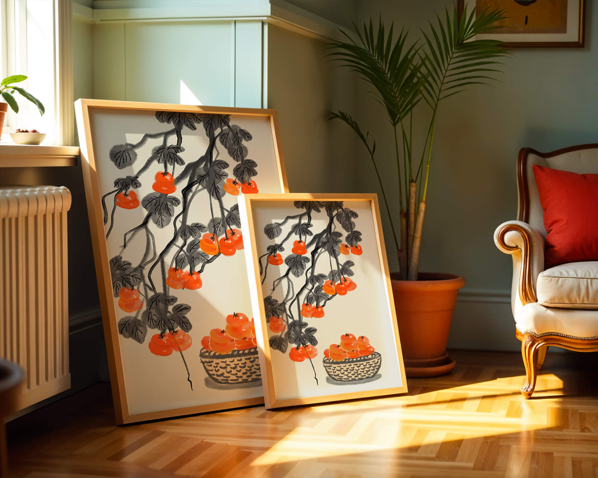 Artistic depiction of hanging persimmons with basket on watercolor canvas
