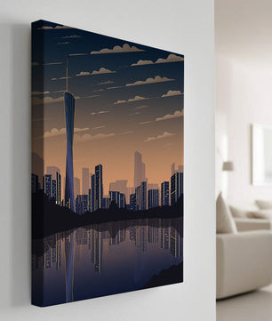 Skyline der Stadt bei Sonnenuntergang mit futuristischem Touch und Wasserspiegelung