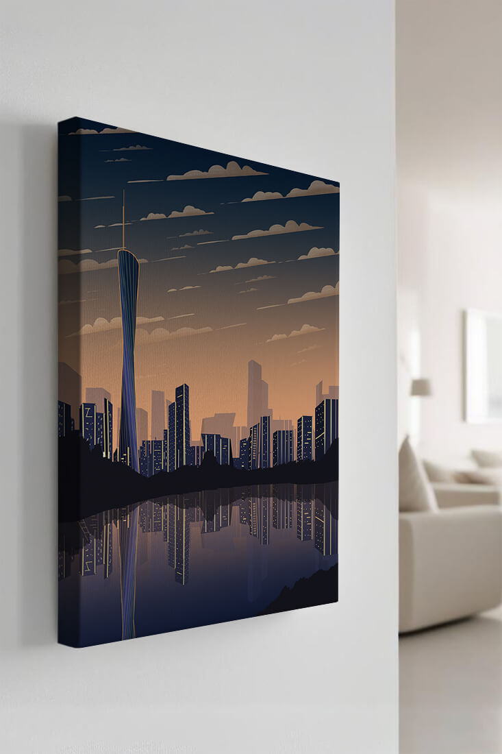 Skyline der Stadt bei Sonnenuntergang mit futuristischem Touch und Wasserspiegelung
