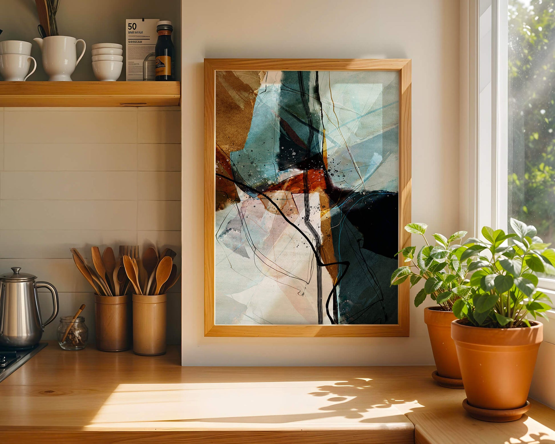 Abstract watercolor artwork with dynamic lines and colors