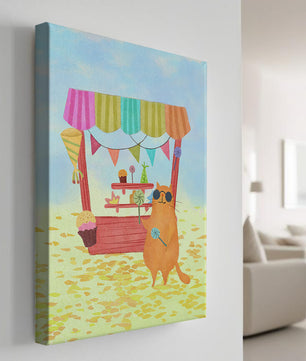Gato ilustrado con gafas de sol en un puesto de dulces colorido