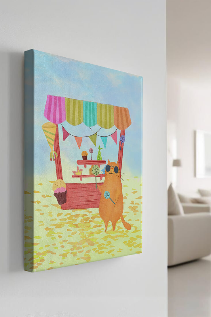 Illustrated Cat with Sunglasses at a Colorful Candy Stand