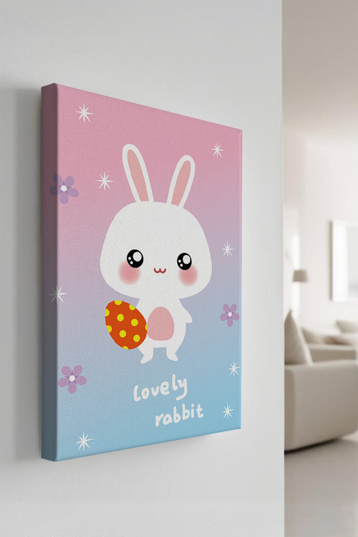 Adorable rabbit illustration with a colorful egg on a pastel background