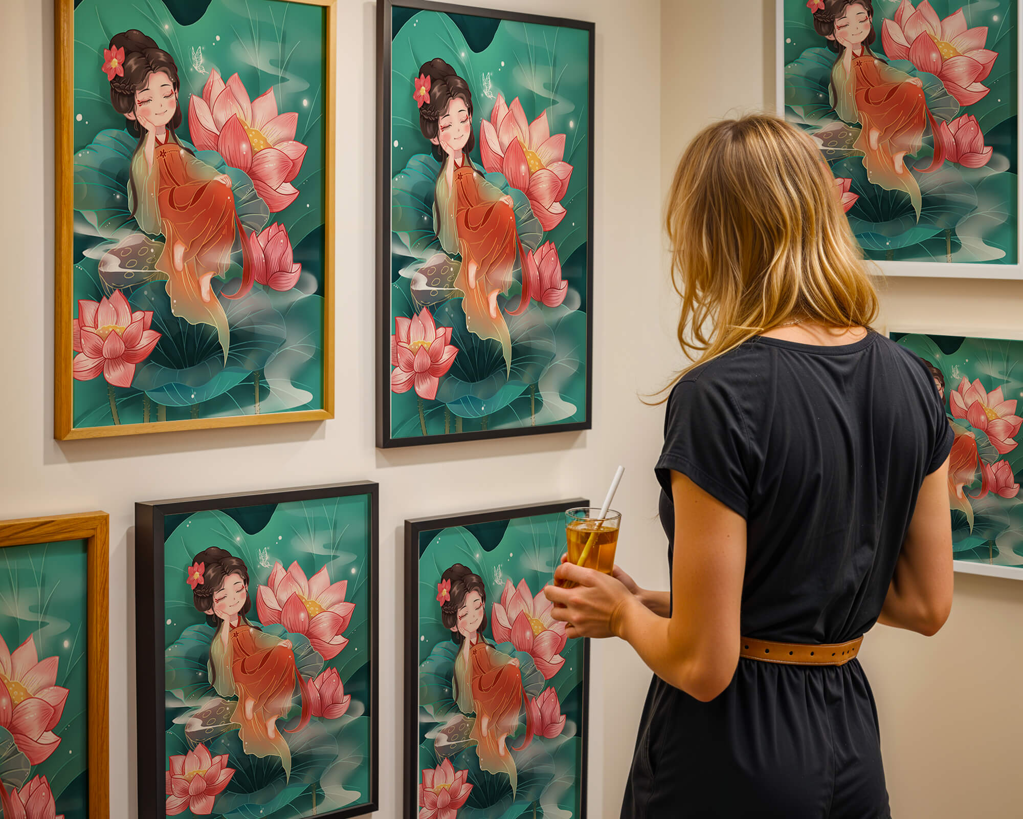 Charming illustration of a girl resting amidst lotus flowers