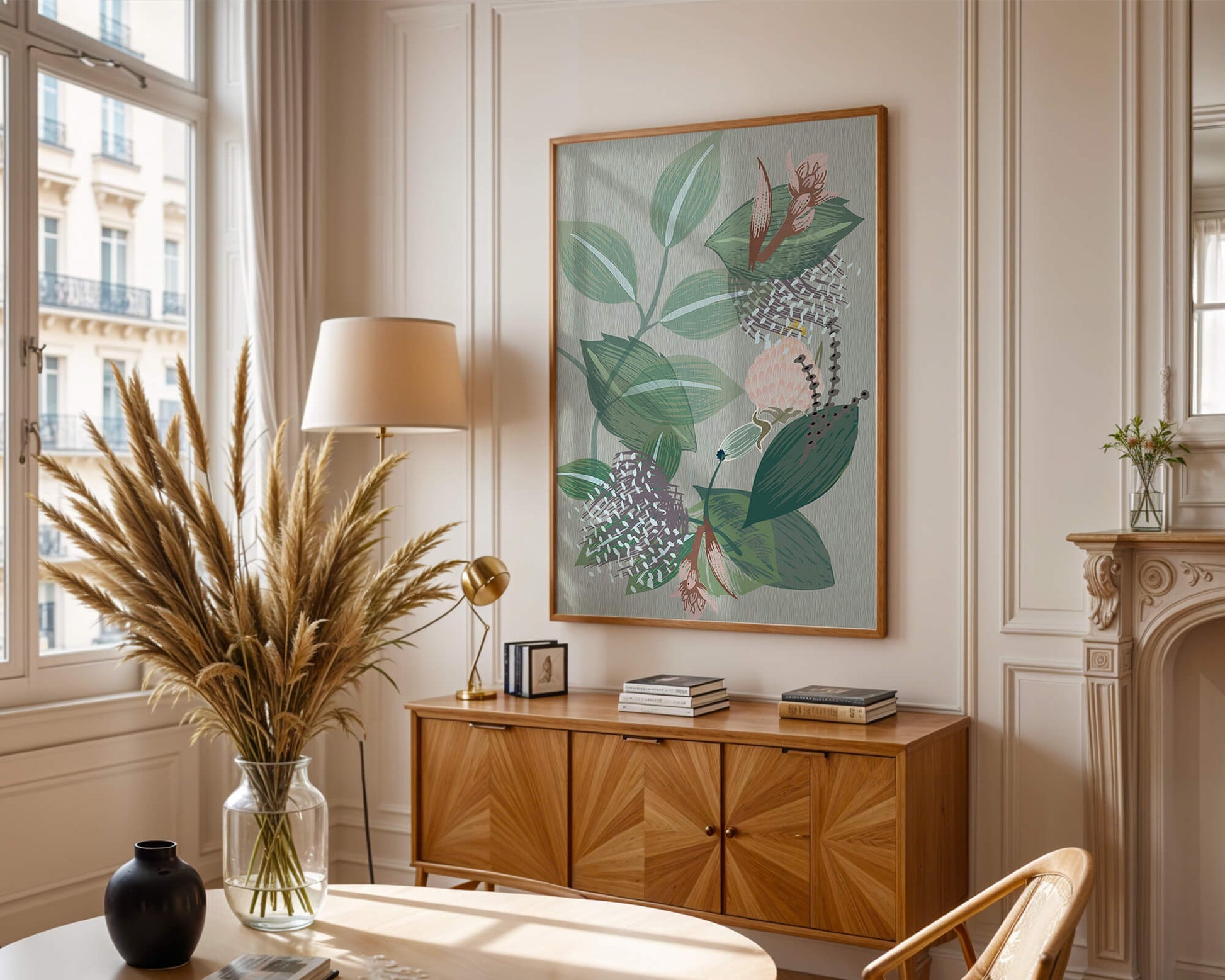 Floral botanical pattern with green leaves and delicate flowers
