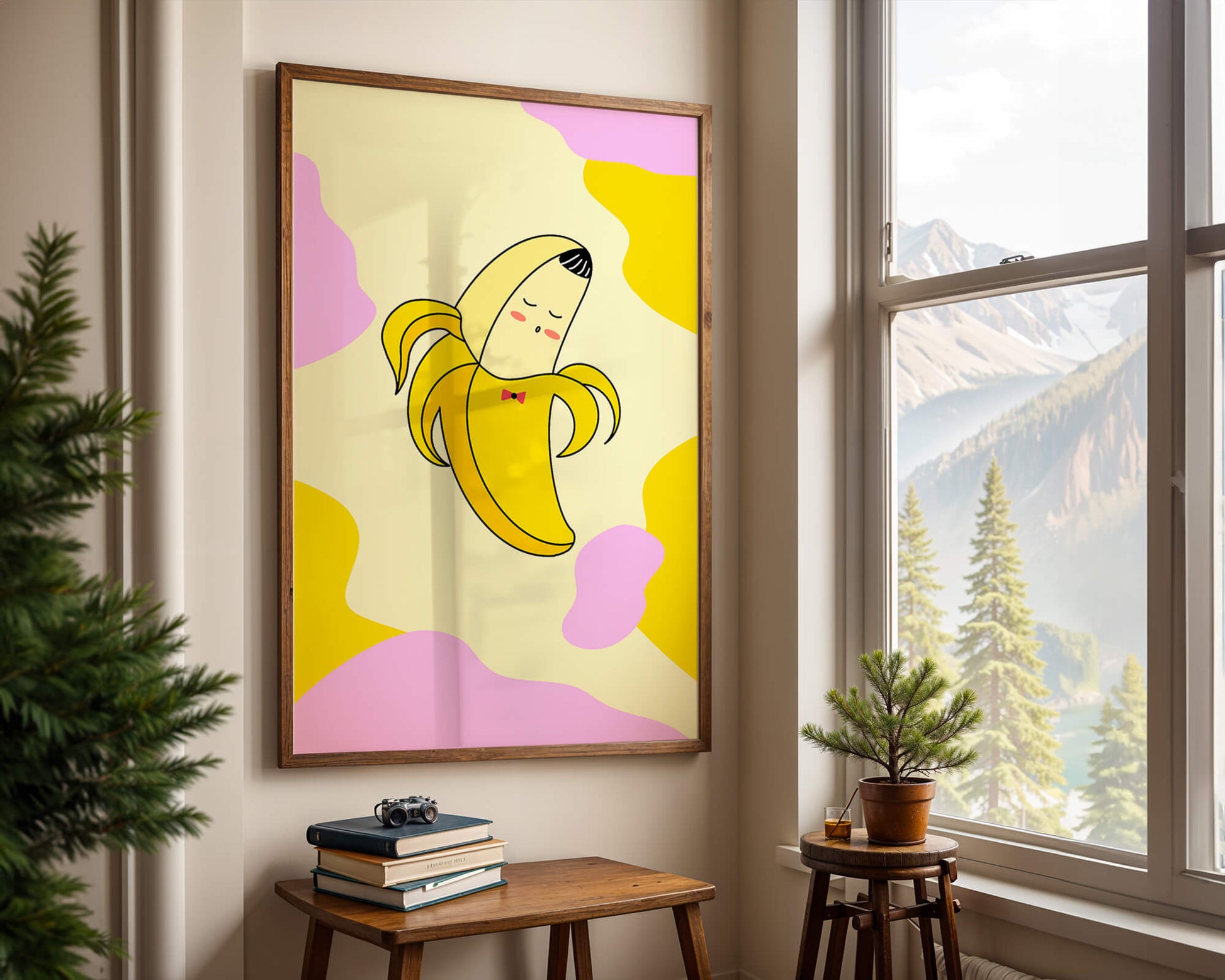 Quirky animated banana with bow tie on colorful abstract background