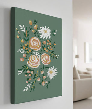 Floral illustration with roses and daisies on green background