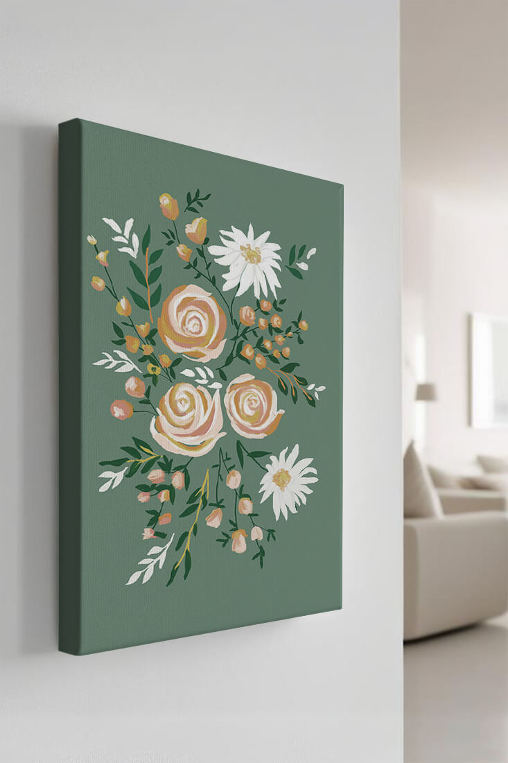 Floral illustration with roses and daisies on green background