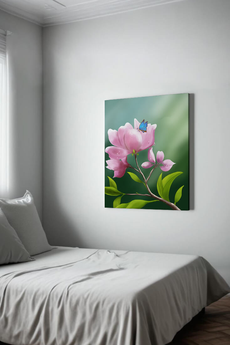 Delicate pink flower with a vibrant blue butterfly in a serene garden setting