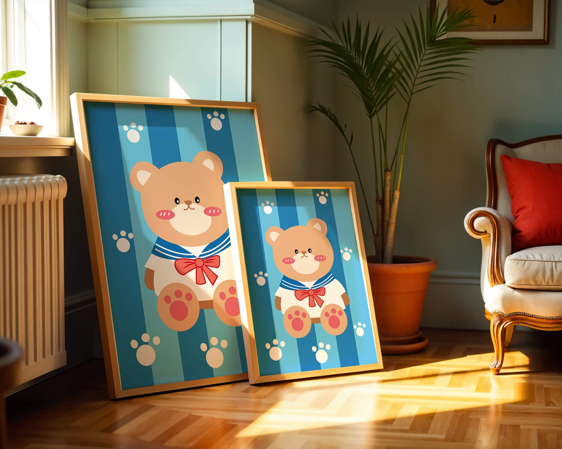 Adorable cartoon bear with sailor suit against striped background