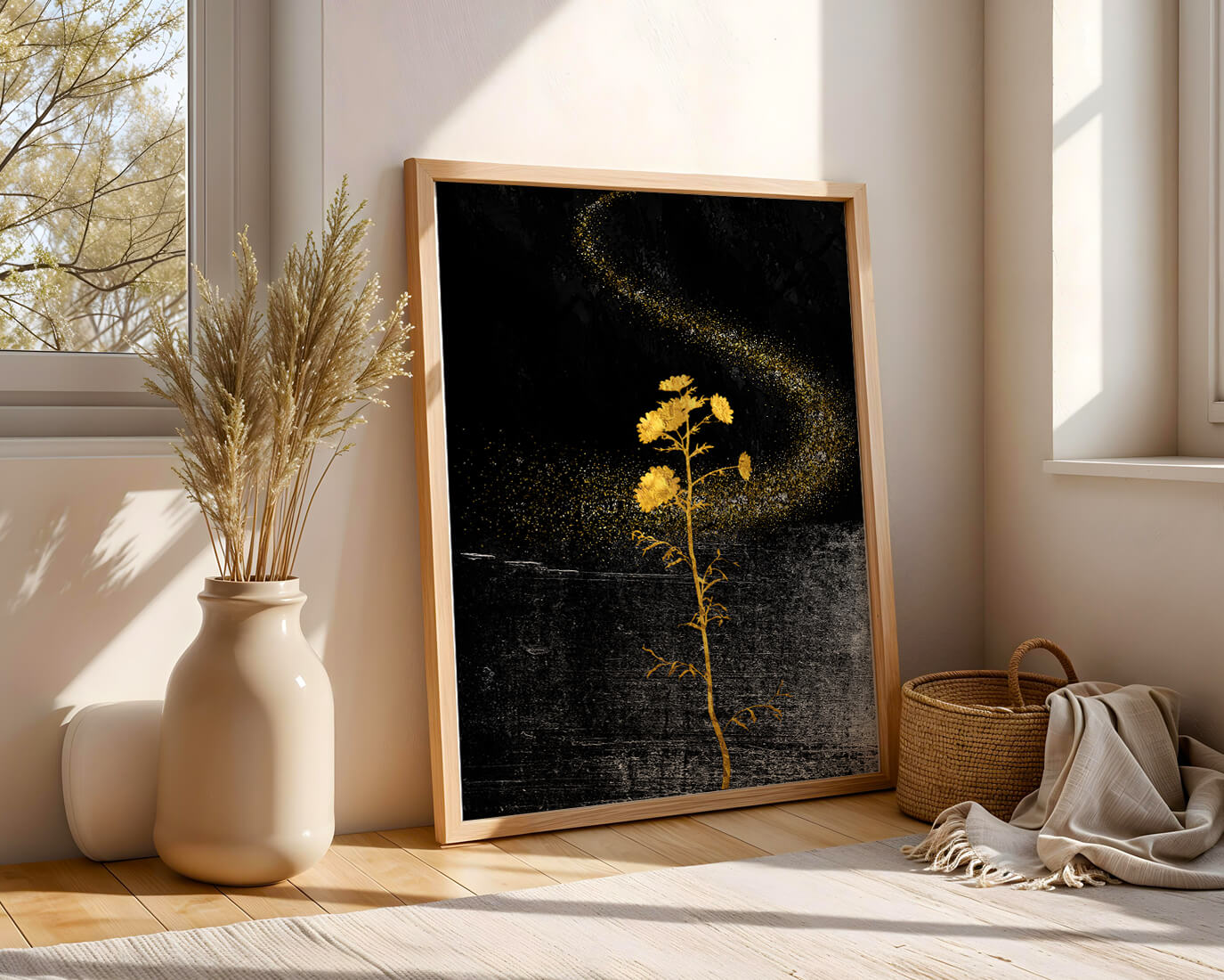 Golden Flowers on Black Background with Sparkling Dust