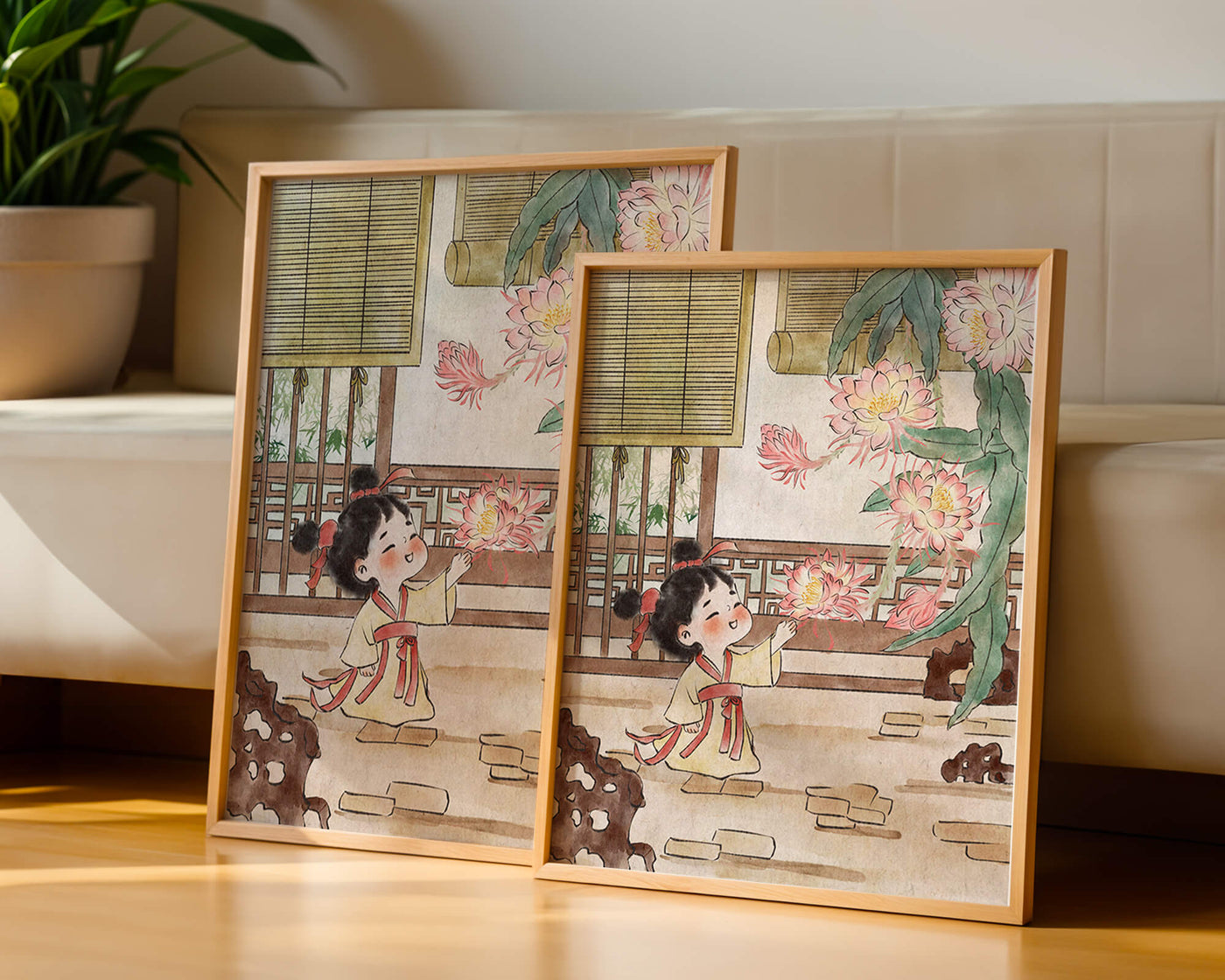 Little girl with flowers in traditional Asian garden