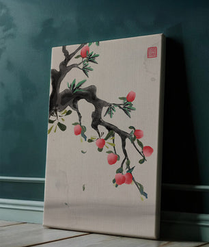 Asian ink painting featuring cherry blossoms on a textured background