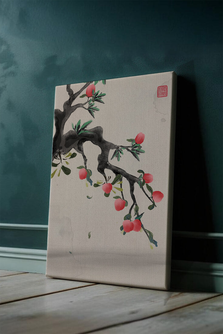 Asian ink painting featuring cherry blossoms on a textured background