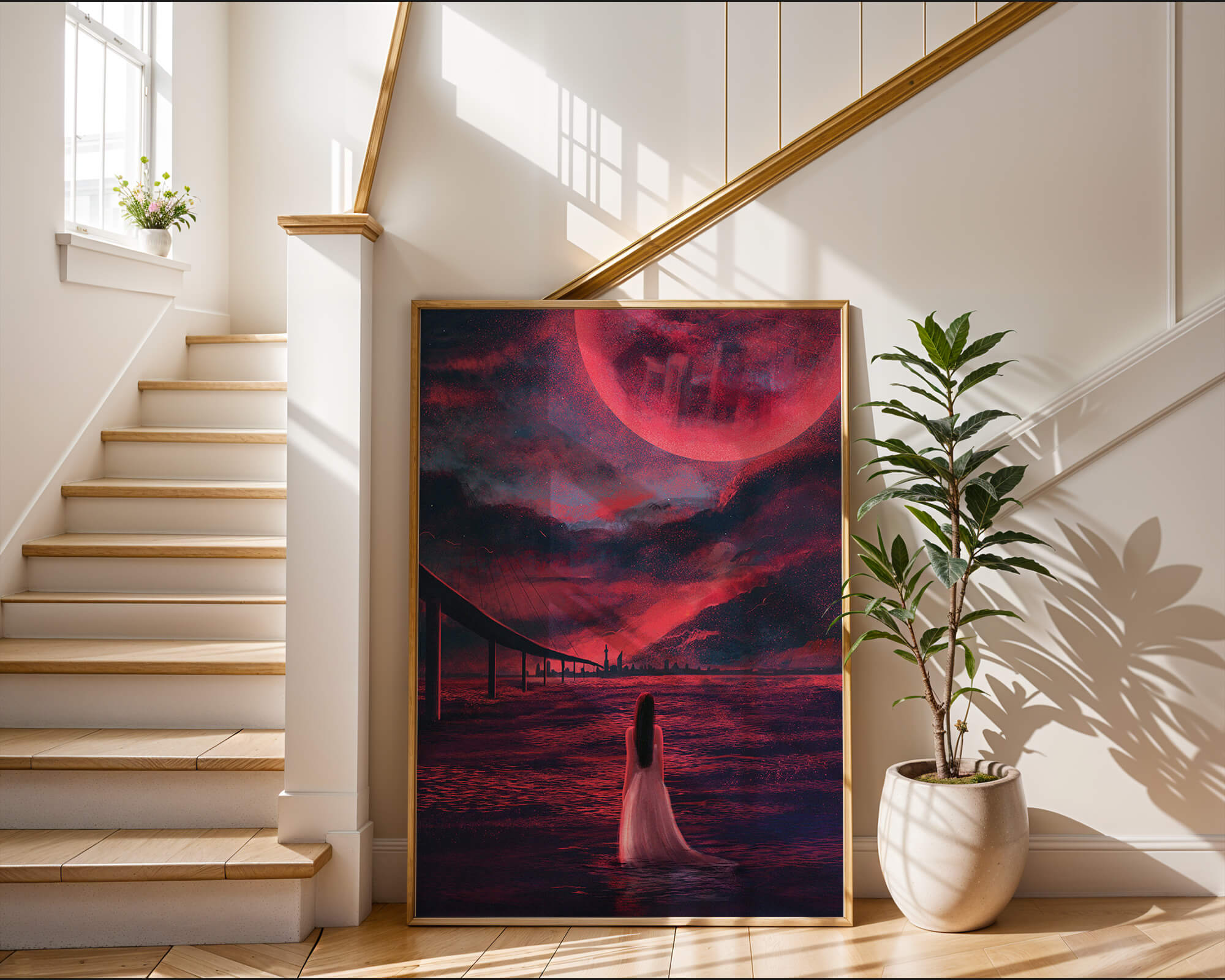 Dreamlike landscape with bridge and red night sky