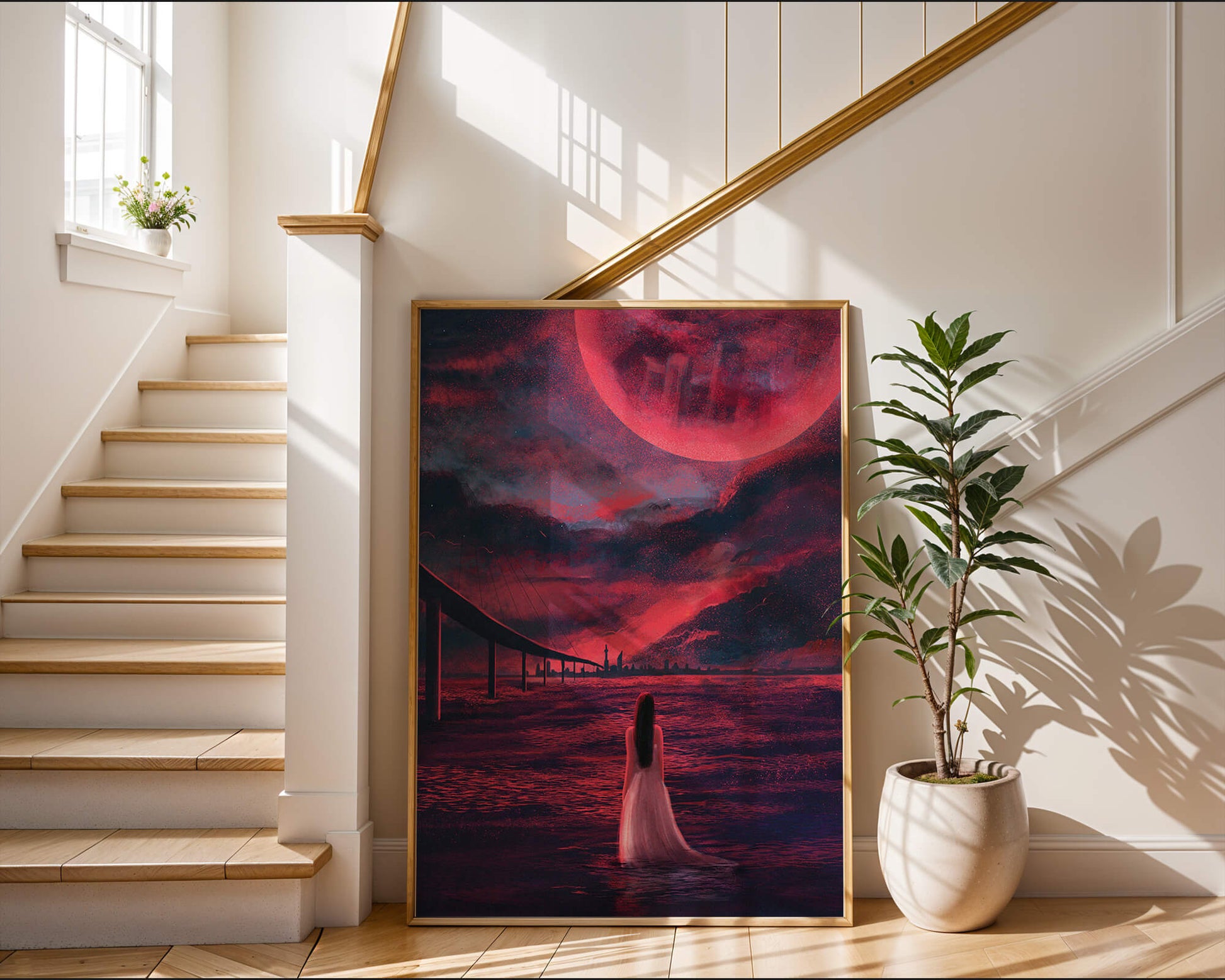 Dreamlike landscape with bridge and red night sky