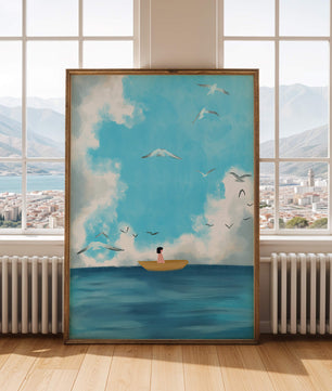 Peaceful seascape illustration with a boat and birds