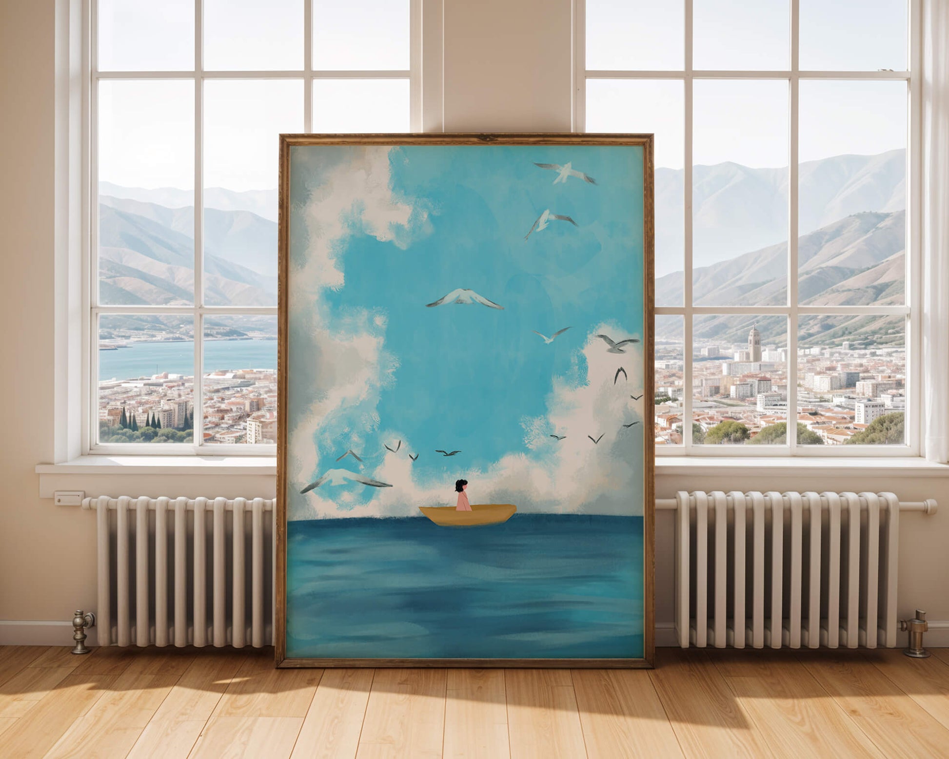 Peaceful seascape illustration with a boat and birds
