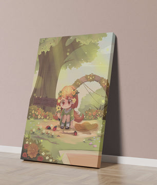 Charming anime-style scene with young girl, flowers, and nature background