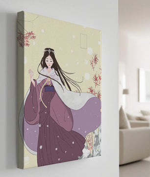 Elegant Woman in Traditional Garment with Snowflakes and Branches