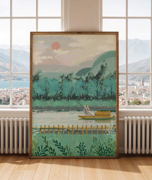 Ruhige Landschaft mit Bootsmann auf dem Fluss bei Sonnenaufgang